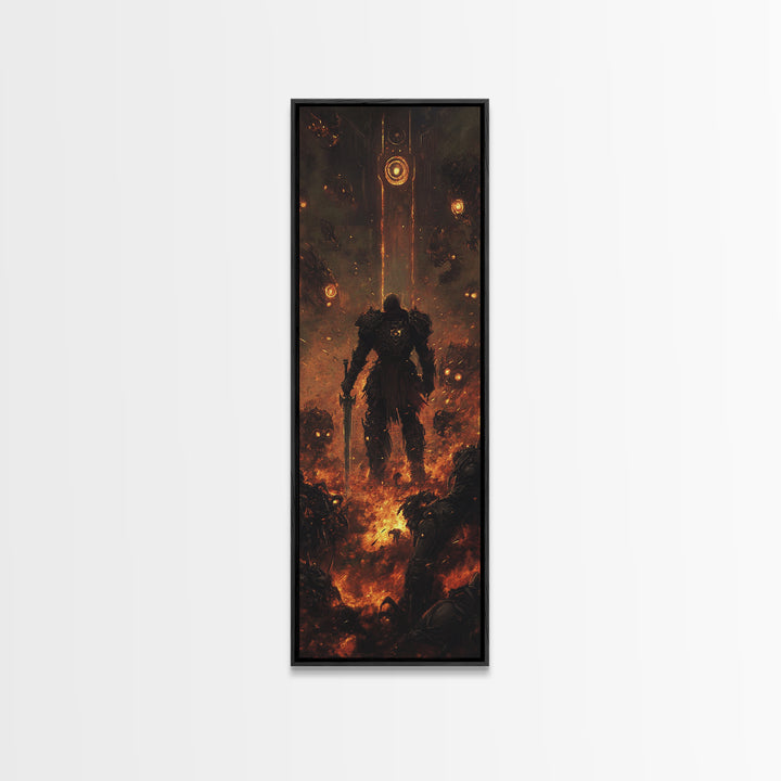 Ember Warrior In Fiery Ruins Framed Canvas Print, Dark Fantasy Wall Art, Gothic Dungeon Scene, Moody Game Room Wall Decor