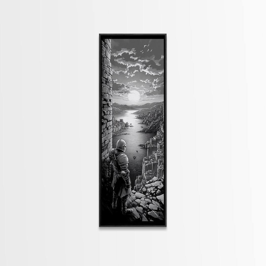 Black And White Knight Over Coastal City Wall Art, Medieval Seascape Print, Gothic Landscape, Fantasy Living Room Wall Decor