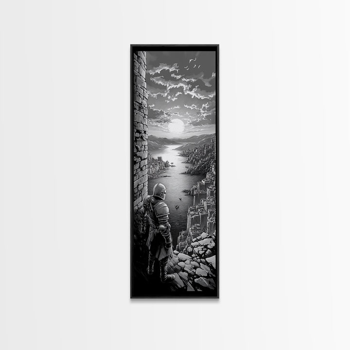 Black And White Knight Over Coastal City Wall Art, Medieval Seascape Print, Gothic Landscape, Fantasy Living Room Wall Decor