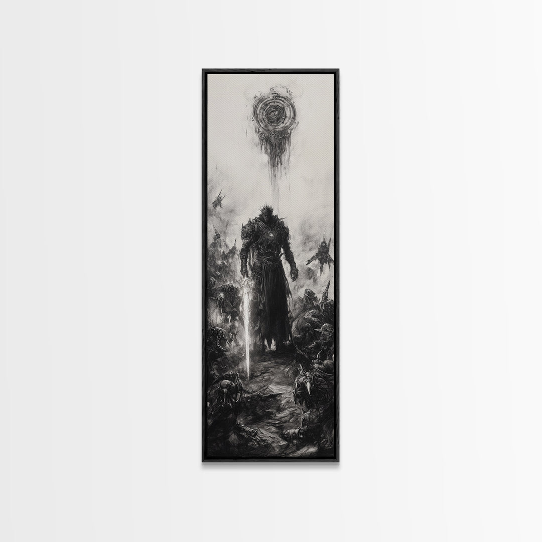 Dark Spiked Warrior Battlefield Wall Art, Gothic Fantasy Canvas Print, Black And White Surreal Art, Medieval Game Room Decor