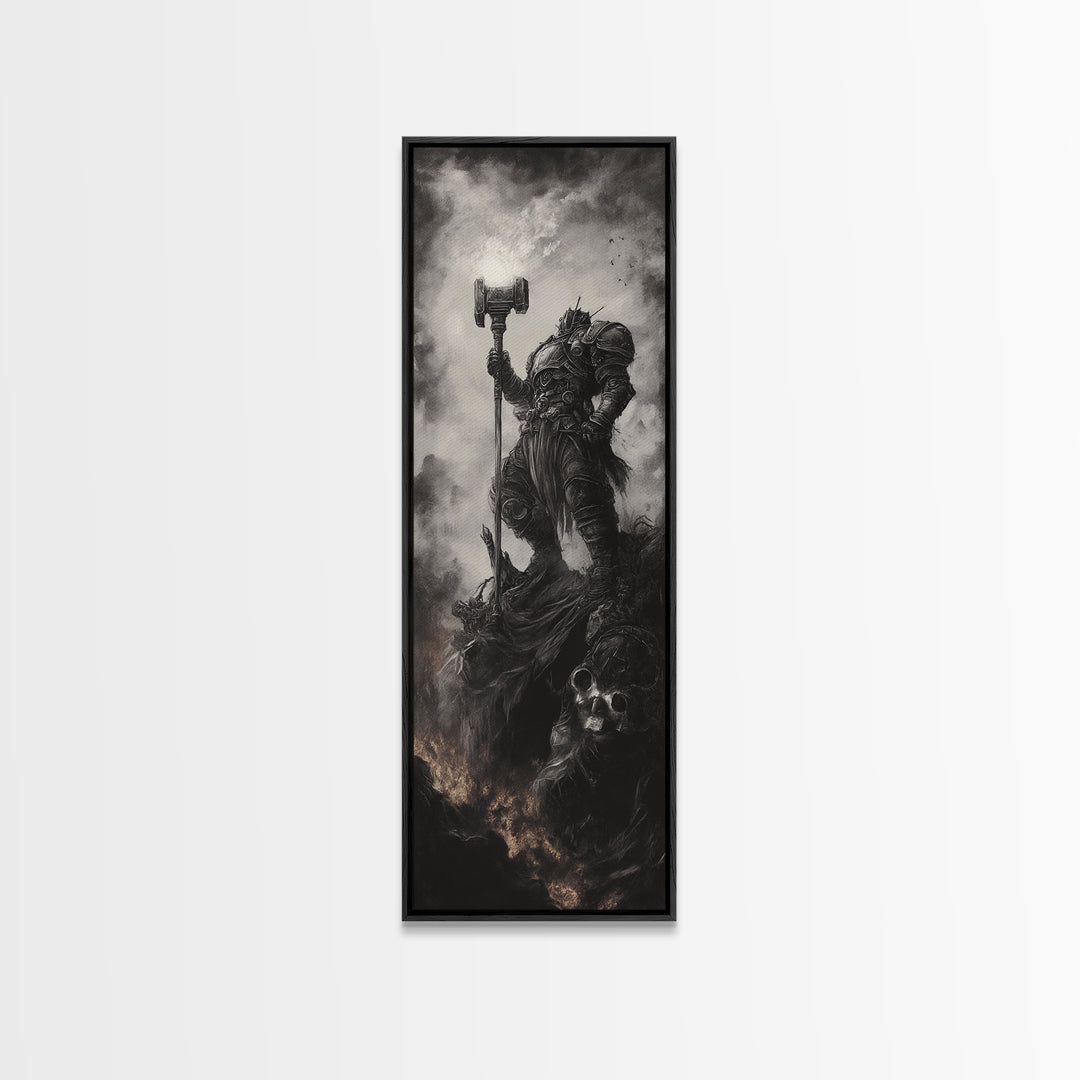 Dread Warrior With Hammer Wall Art, Dark Fantasy Canvas Print, Gothic Skull Decor, Black And White Medieval Gift For Him