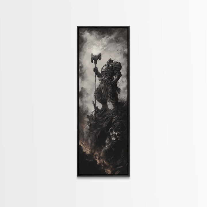 Dread Warrior With Hammer Wall Art, Dark Fantasy Canvas Print, Gothic Skull Decor, Black And White Medieval Gift For Him