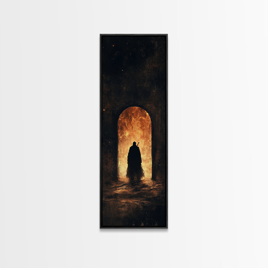 Cloaked Figure Before Fiery Portal Wall Art, Dark Fantasy Canvas Print, Gothic Arch Decor, Moody Surreal Art Gift For Him