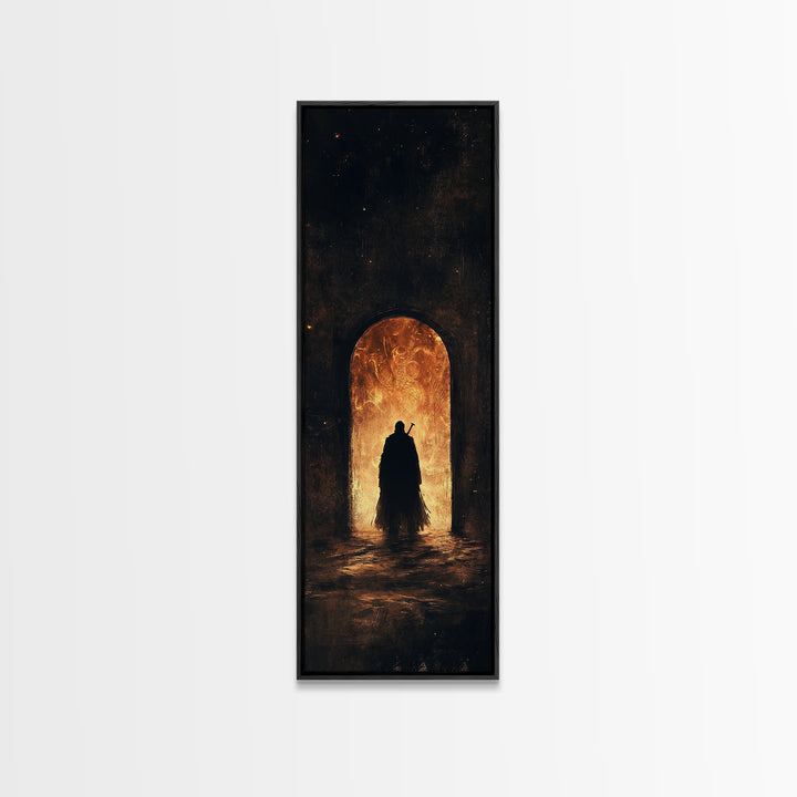 Cloaked Figure Before Fiery Portal Wall Art, Dark Fantasy Canvas Print, Gothic Arch Decor, Moody Surreal Art Gift For Him
