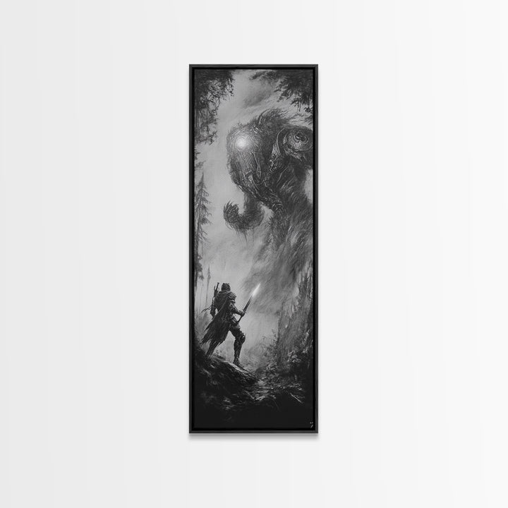 Warrior Facing Forest Giant Wall Art, Black And White Fantasy Canvas Print, Dark Surreal Creature Decor, Gothic Gift For Him