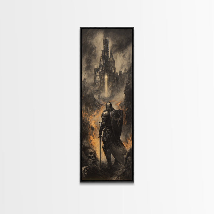 Dark Knight Before Burning Citadel Wall Art, Gothic Fantasy Print, Medieval Castle Decor, Moody Black And White Canvas Art