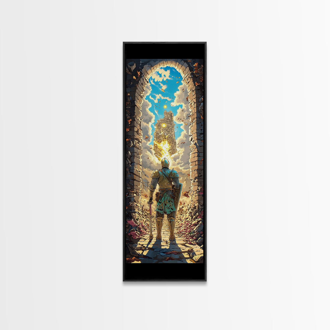 Knight At Golden Portal Framed Canvas Print, Fantasy Castle Wall Art, Medieval Adventure Decor, Magical Entryway Artwork