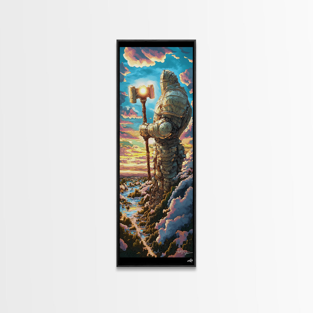 Colossal Stone Knight Canvas Print, Epic Fantasy Guardian Wall Art, Medieval Statue Decor, Sunset Mountain Statement Art