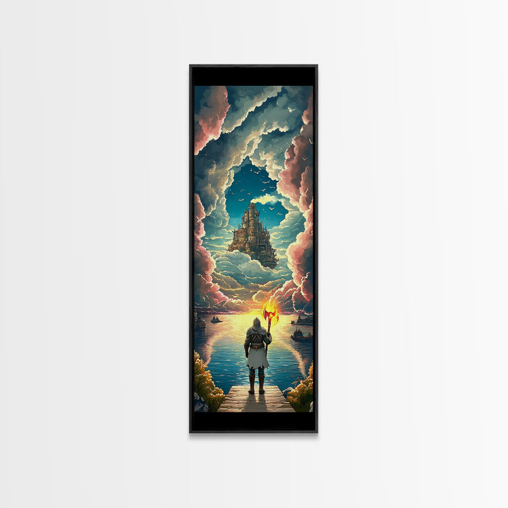 Torch Bearer Floating Castle Canvas Print, Fantasy Sky Portal Wall Art, Medieval Adventure Decor, Magical Lake Artwork Gift