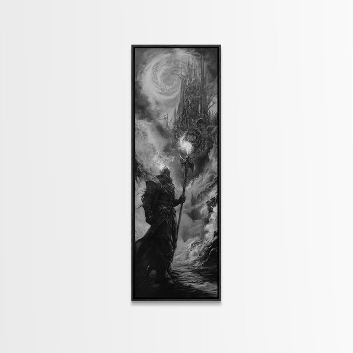 Storm Wizard And Dark Citadel Wall Art, Black And White Fantasy Canvas Print, Gothic Sorcerer Decor, Medieval Office Art