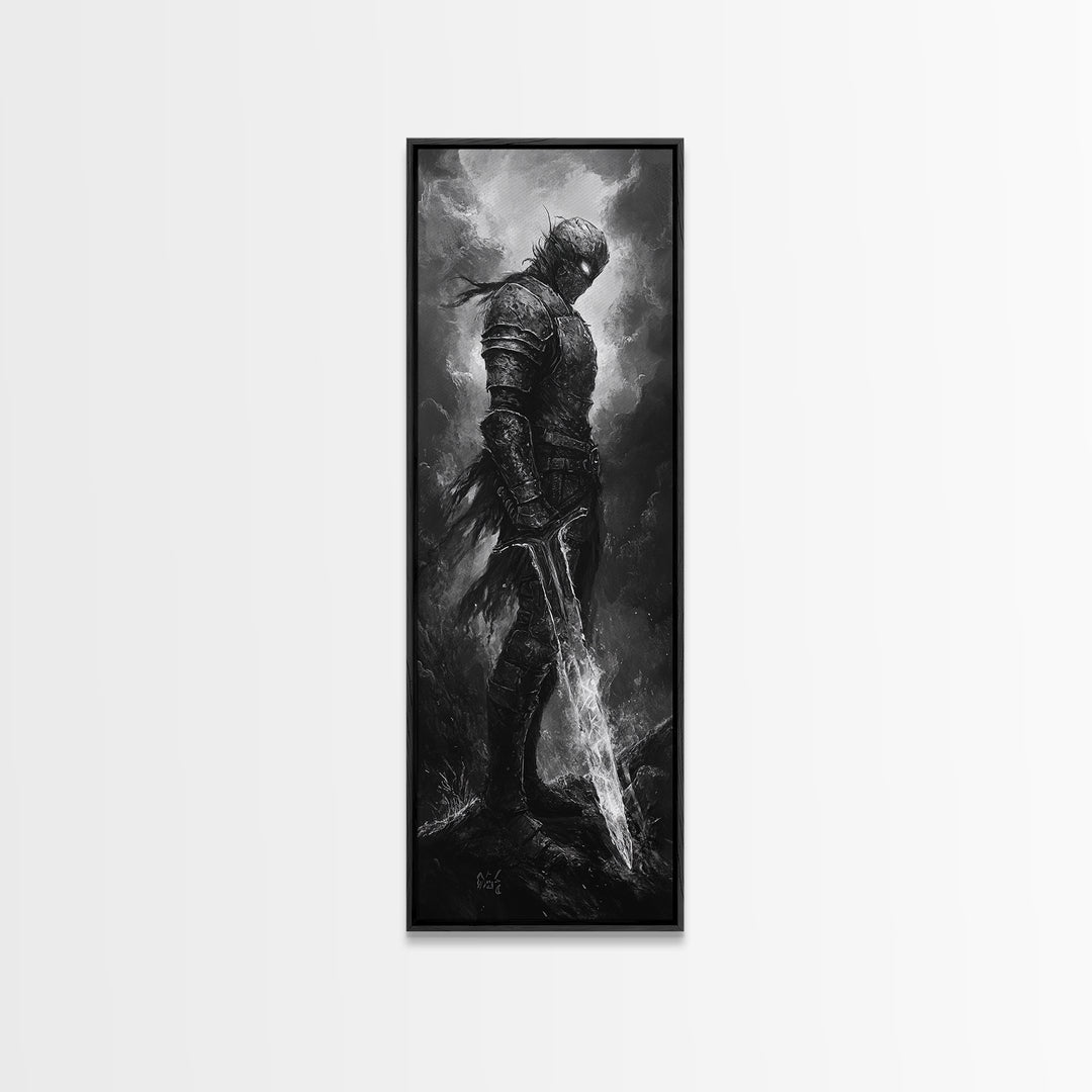 Storm Worn Dark Knight With Lightning Sword, Black And White Canvas Print, Gothic Fantasy Wall Art, Moody Medieval Decor