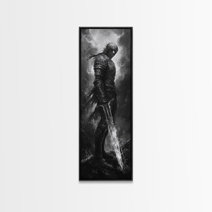 Storm Worn Dark Knight With Lightning Sword, Black And White Canvas Print, Gothic Fantasy Wall Art, Moody Medieval Decor