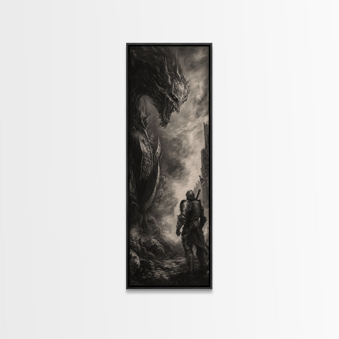 Lone Knight Facing Ancient Dragon In Ruins, Dark Fantasy Wall Art, Black And White Medieval Canvas, Gothic Office Decor Print