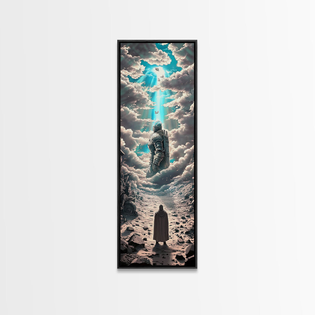 Floating Armored Knight Ascending Through Clouds, Celestial Fantasy Framed Canvas Print, Surreal Wall Art, Dreamy Room Decor