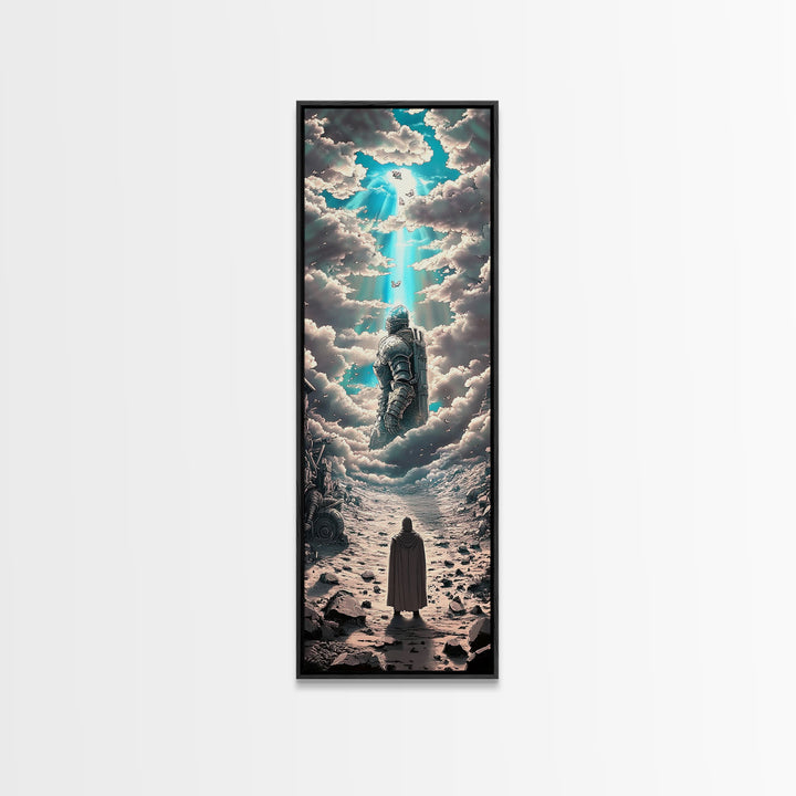 Floating Armored Knight Ascending Through Clouds, Celestial Fantasy Framed Canvas Print, Surreal Wall Art, Dreamy Room Decor