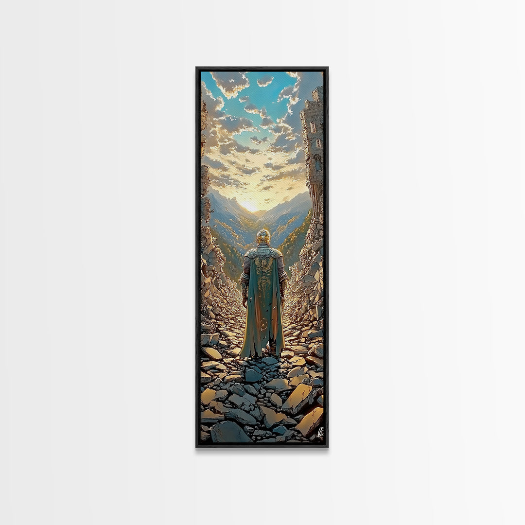 Knight Overlooking Golden Mountain Valley, Medieval Fantasy Canvas Print, Landscape Wall Art, Adventure Home Decor Gift For Him