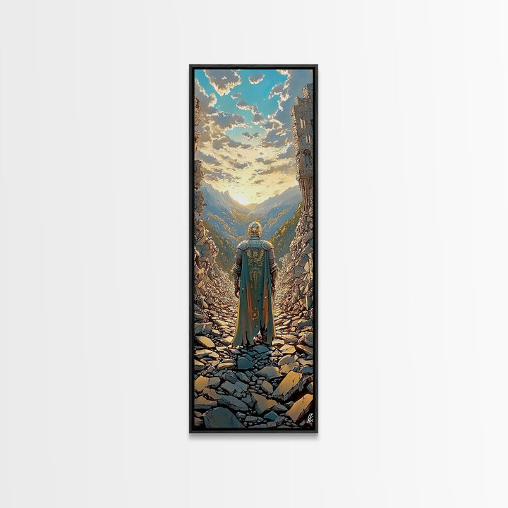 Knight Overlooking Golden Mountain Valley, Medieval Fantasy Canvas Print, Landscape Wall Art, Adventure Home Decor Gift For Him