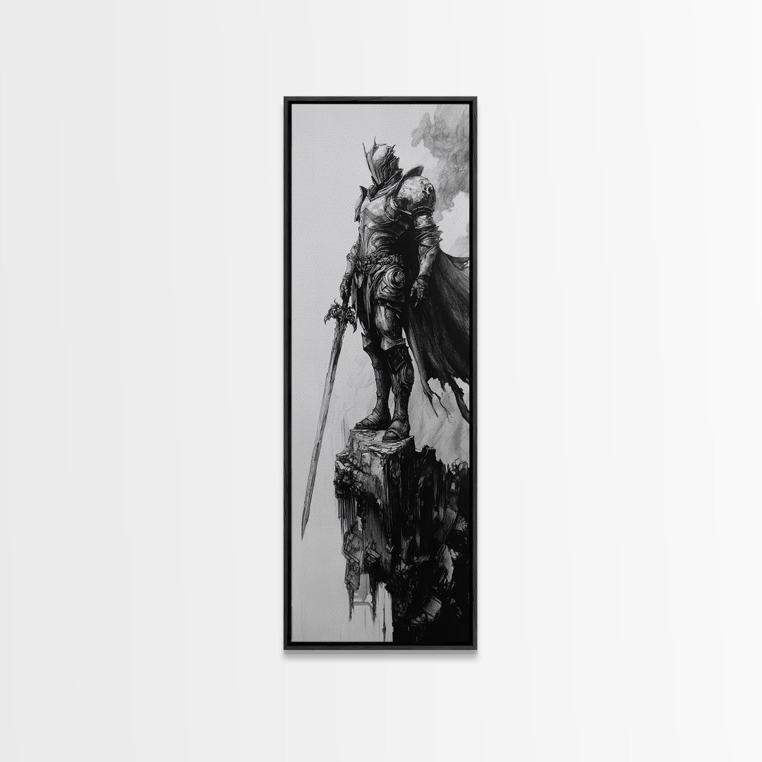 Skeletal Knight On Crumbling Cliff With Long Sword, Black And White Wall Art, Gothic Fantasy Canvas Print, Dark Medieval Decor