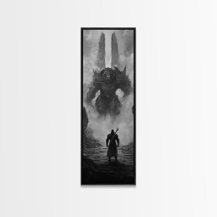 Warrior Facing Misty Armored Colossus, Dark Fantasy Wall Art, Black And White Framed Canvas Print, Epic Game Room Decor Gift