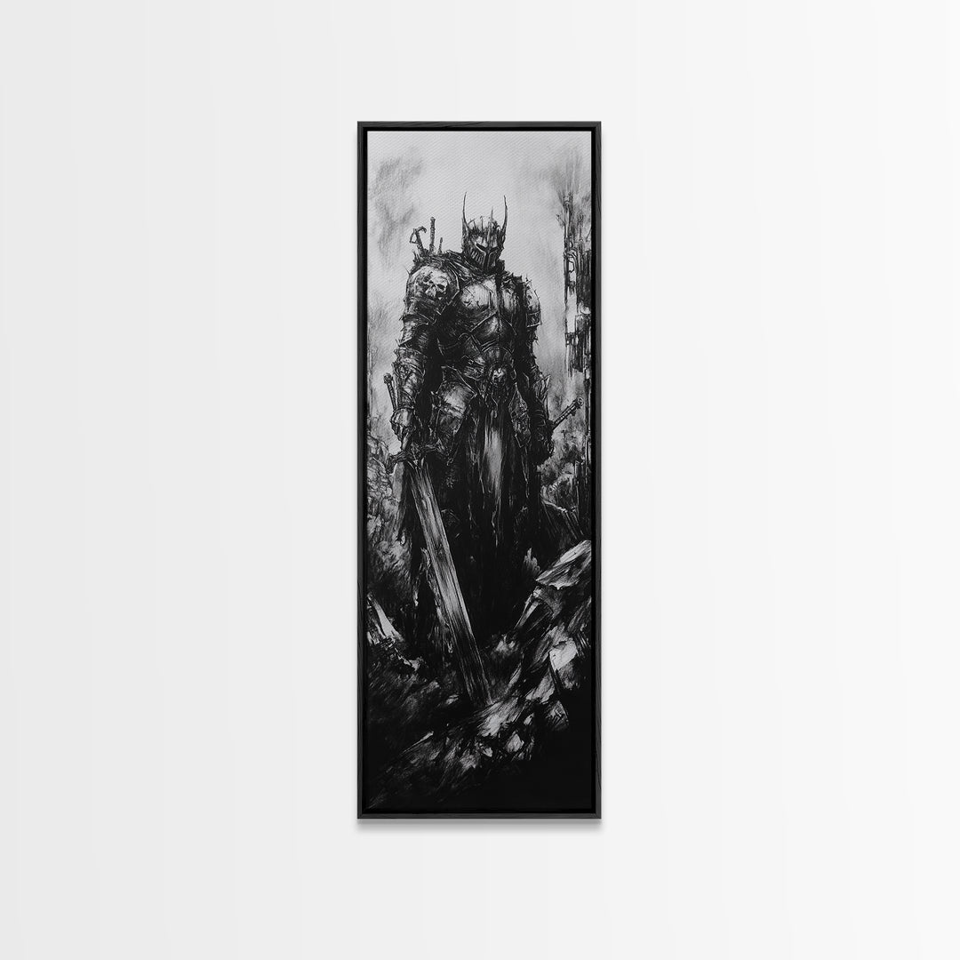 Crowned Dark Knight With Massive Sword In Ruins, Gothic Fantasy Canvas Print, Black And White Wall Art, Dark Academia Decor