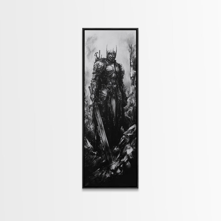 Crowned Dark Knight With Massive Sword In Ruins, Gothic Fantasy Canvas Print, Black And White Wall Art, Dark Academia Decor