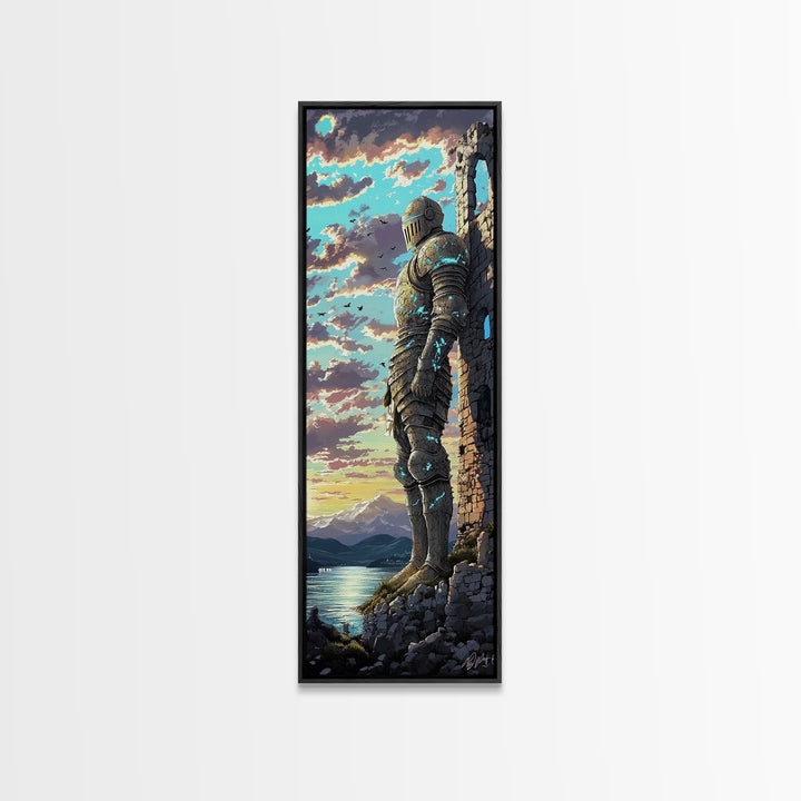 Blue Armored Knight Beside Castle At Lakeside Sunset, Medieval Fantasy Framed Canvas Print, Coastal Wall Art, Home Decor