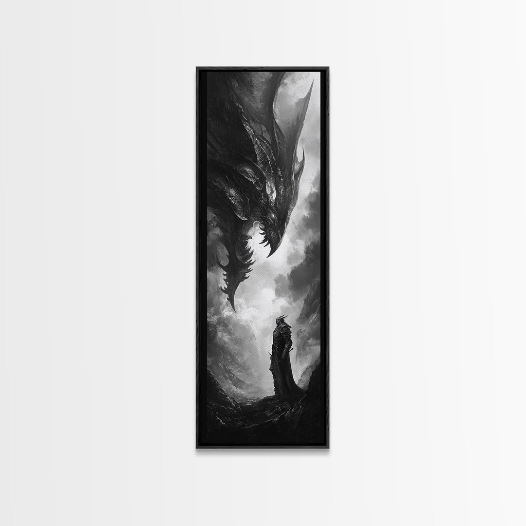 Monochrome Dragon And Lone Knight Wall Art, Dark Fantasy Art Print, Gothic Wall Decor, Black And White Art, Gamer Room Decor