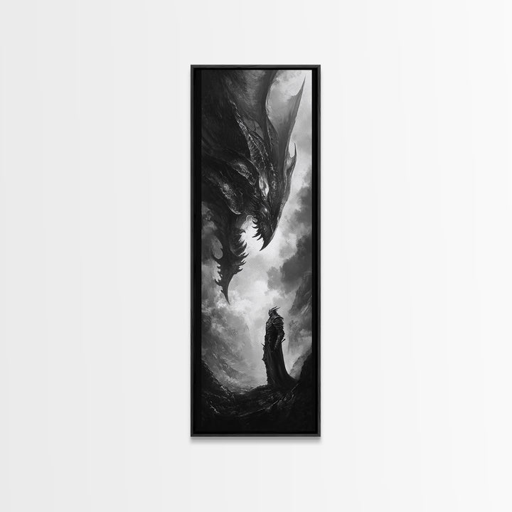 Monochrome Dragon And Lone Knight Wall Art, Dark Fantasy Art Print, Gothic Wall Decor, Black And White Art, Gamer Room Decor