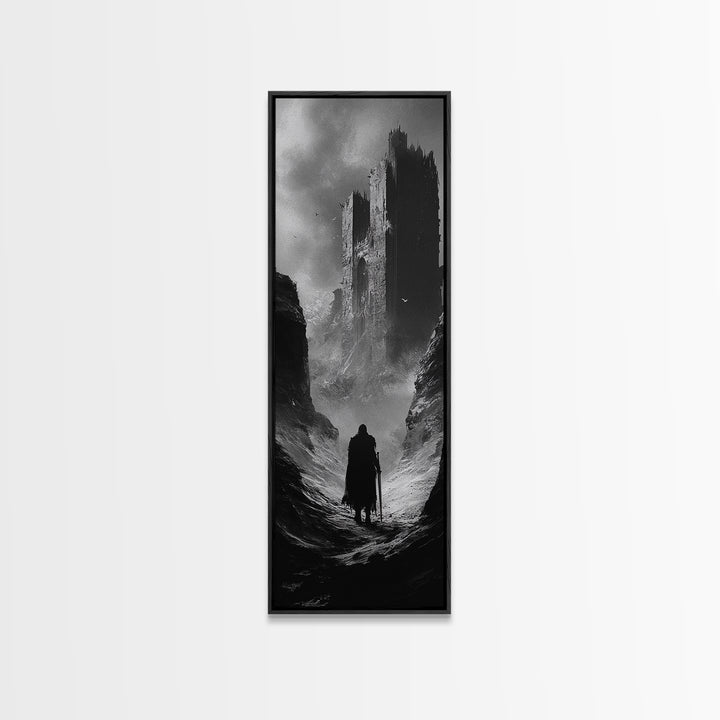Misty Black Castle Valley With Lone Traveler Wall Art, Dark Academia Decor, Gothic Landscape, Black And White Fantasy Print