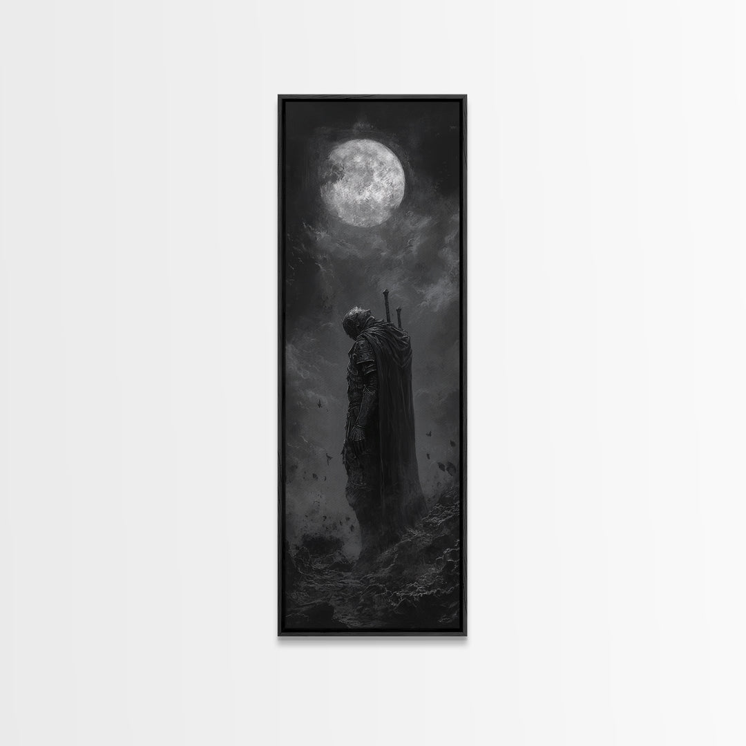 Lone Knight Beneath Full Moon Wall Art, Black And White Fantasy Art, Dark Gothic Decor, Moody Wall Art For Bedroom Canvas Print