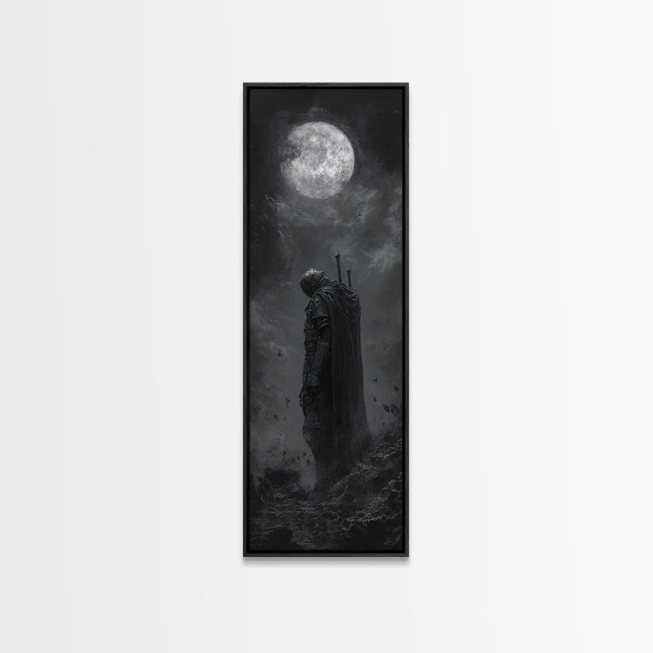 Lone Knight Beneath Full Moon Wall Art, Black And White Fantasy Art, Dark Gothic Decor, Moody Wall Art For Bedroom Canvas Print