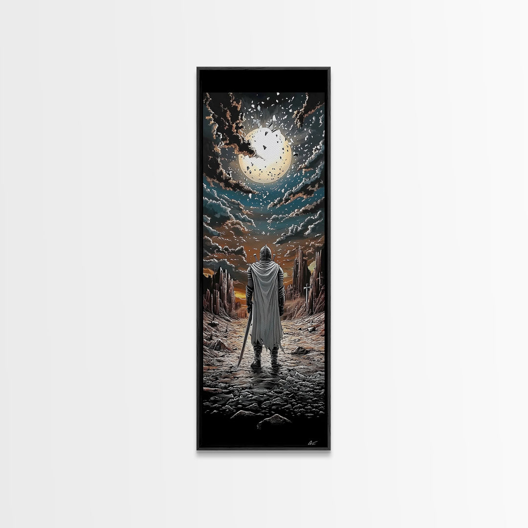 White Cloaked Knight Under Eclipse Moon Canvas Print, Fantasy Wall Art, Dark Landscape Decor, Gamer Room Wall Art Gift For Him