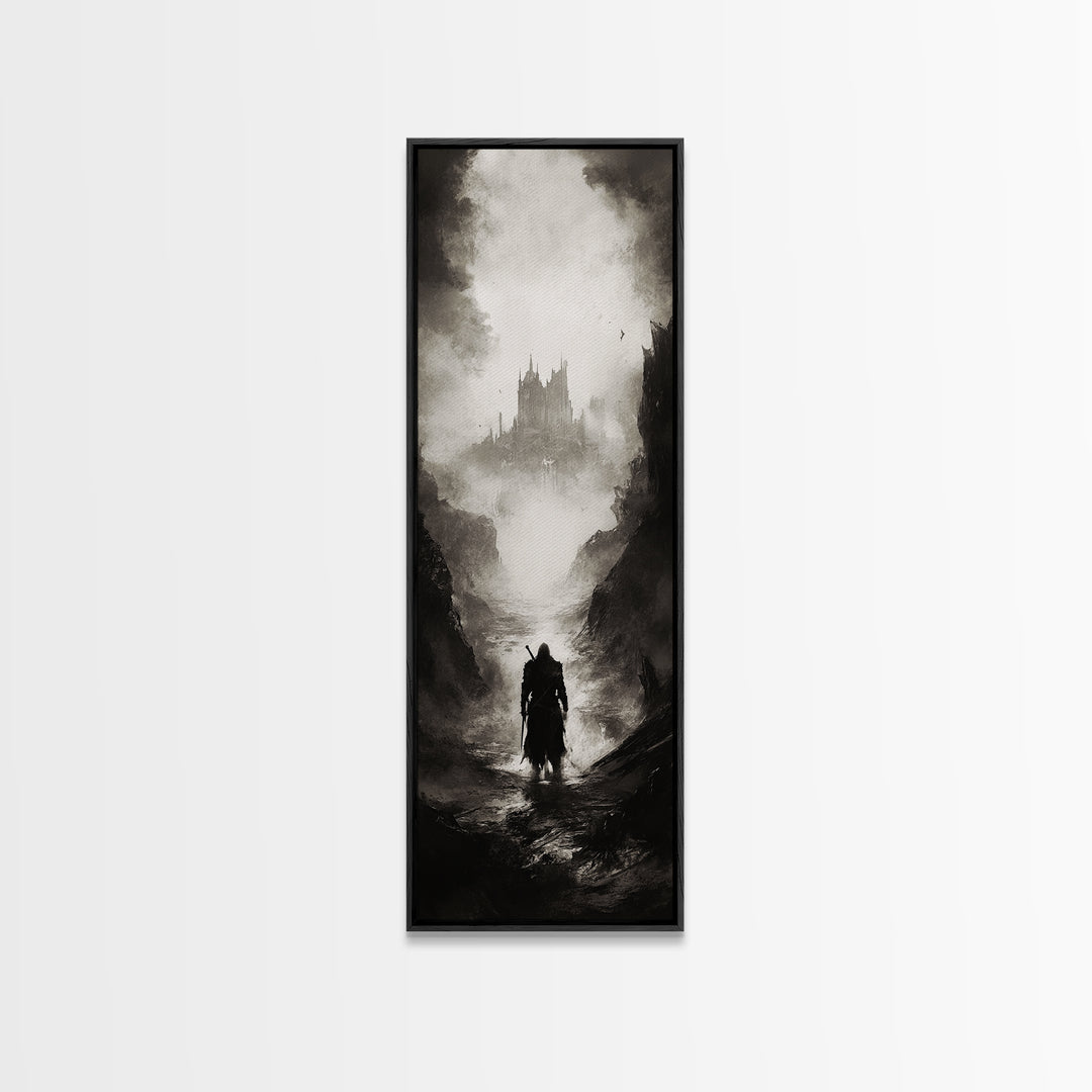 Cloaked Wanderer Approaching Misty Castle Wall Art, Dark Fantasy Print, Gothic Wall Decor, Black And White Landscape Art