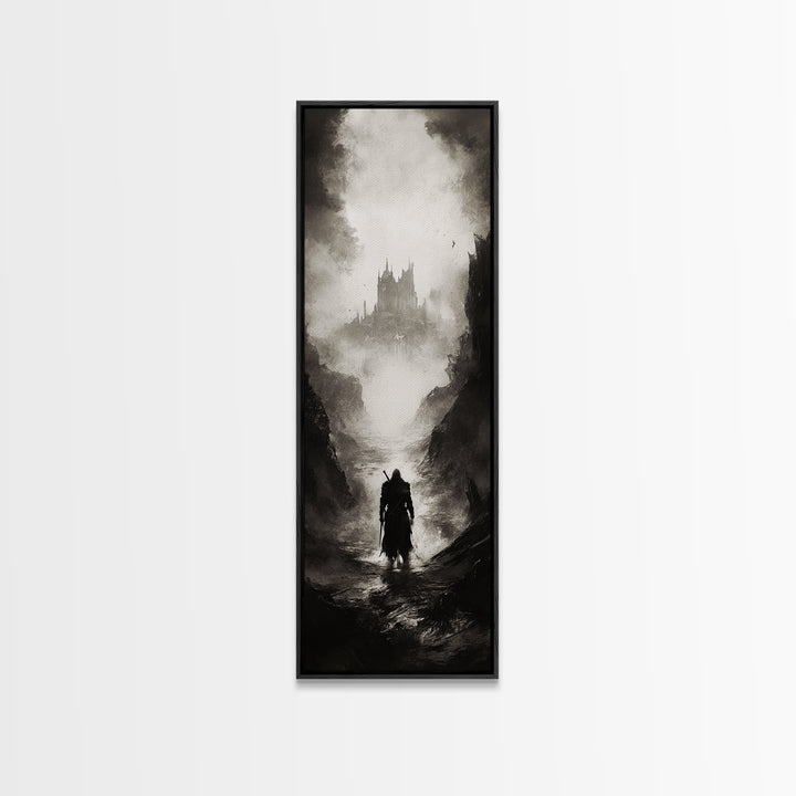 Cloaked Wanderer Approaching Misty Castle Wall Art, Dark Fantasy Print, Gothic Wall Decor, Black And White Landscape Art