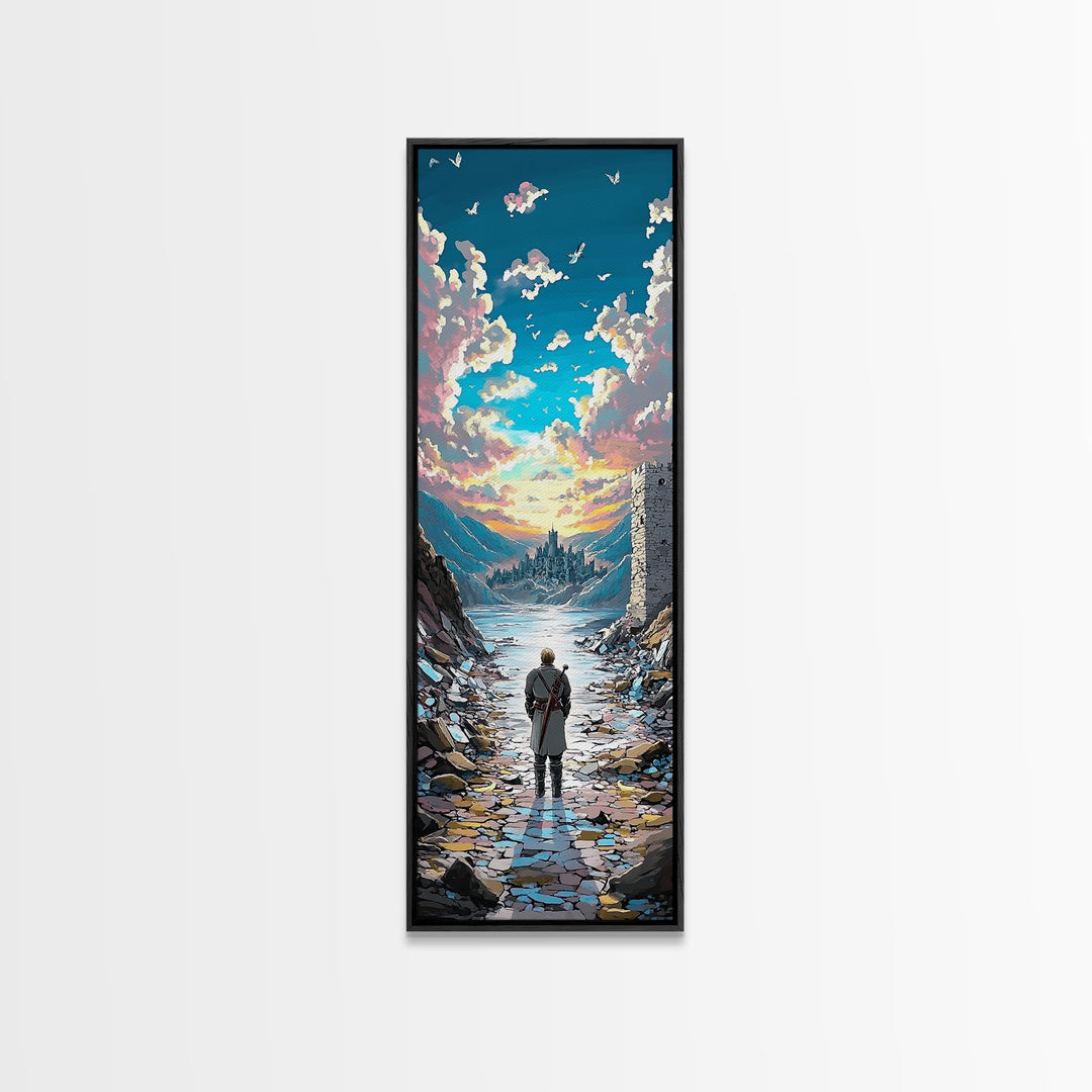 Lone Traveler In Snowy Mountain Valley, Birds And Sunset Fantasy Wall Art, Vertical Canvas Print, Nature Landscape Decor