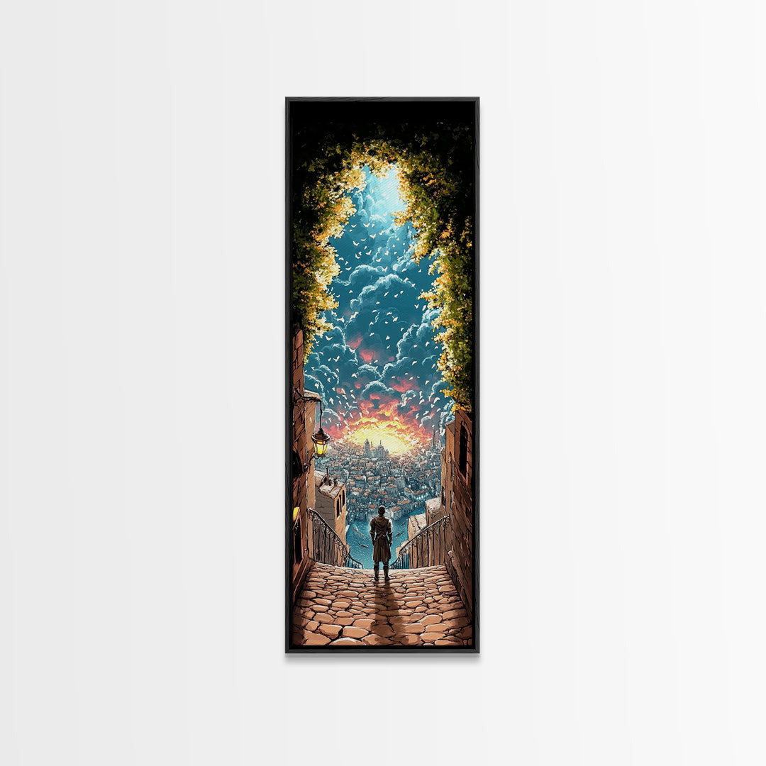 Cobblestone Stairway To Glowing Coastal City, Birds And Sunset Canvas Print, Fantasy Wall Art, Travel Inspired Home Decor