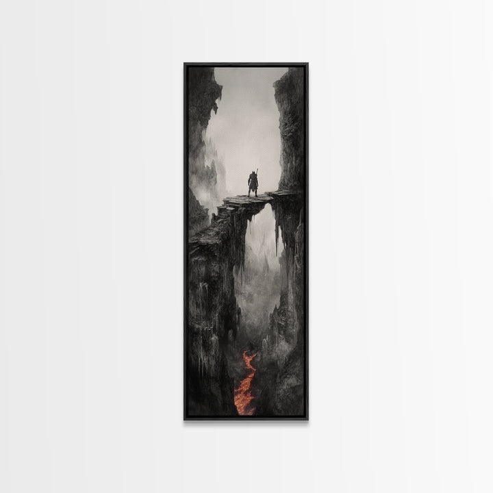 Warrior Above Lava Chasm In Dark Canyon, Black And White Wall Art, Gothic Fantasy Canvas Print, Moody Landscape Home Decor