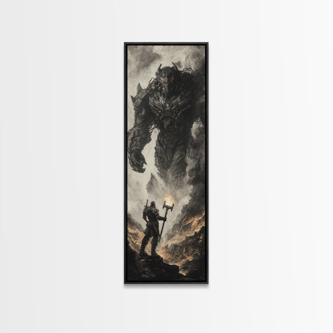 Torch Bearer Facing Colossal Demon, Dark Fantasy Wall Art, Gothic Canvas Print, Dramatic Warrior Statement Artwork Home Decor