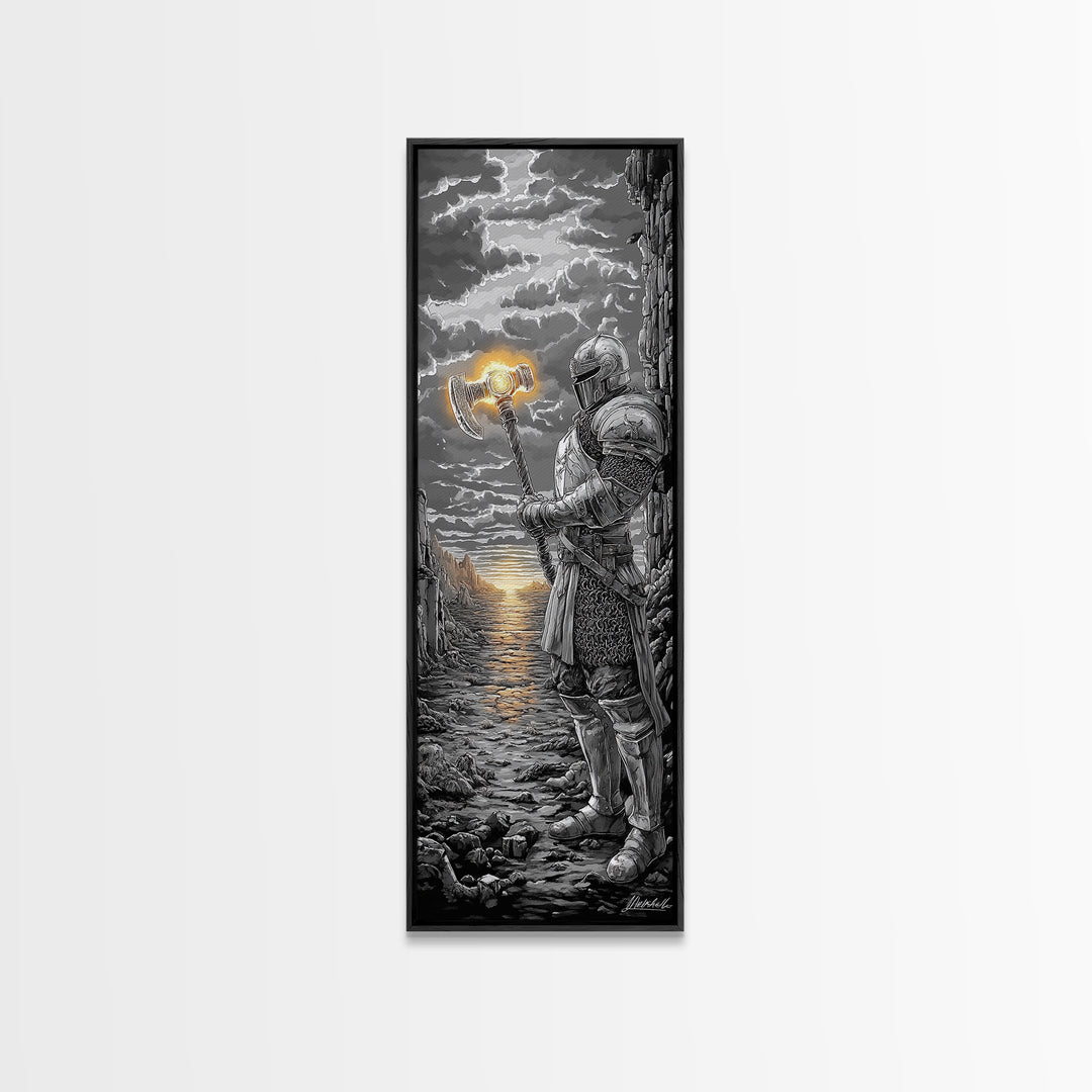 Armored Knight With Glowing Axe On Stormy Shore, Black And White Wall Art, Medieval Fantasy Canvas Print, Masculine Decor