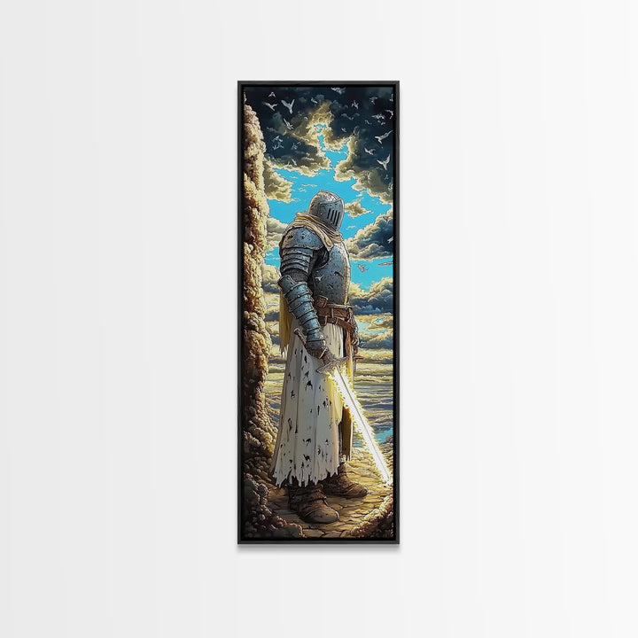 Silver Knight With Glowing Sword By Sea Cliffs, Fantasy Canvas Print, Medieval Wall Art, Dramatic Coastal Home Office Decor