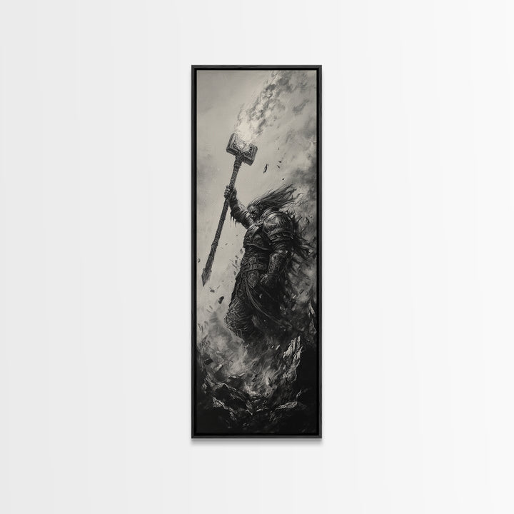 Dark Hammer Warrior In Storm, Black And White Wall Art, Gothic Fantasy Art Print, Medieval Office Decor, Gift For Him, Dark Academia Decor