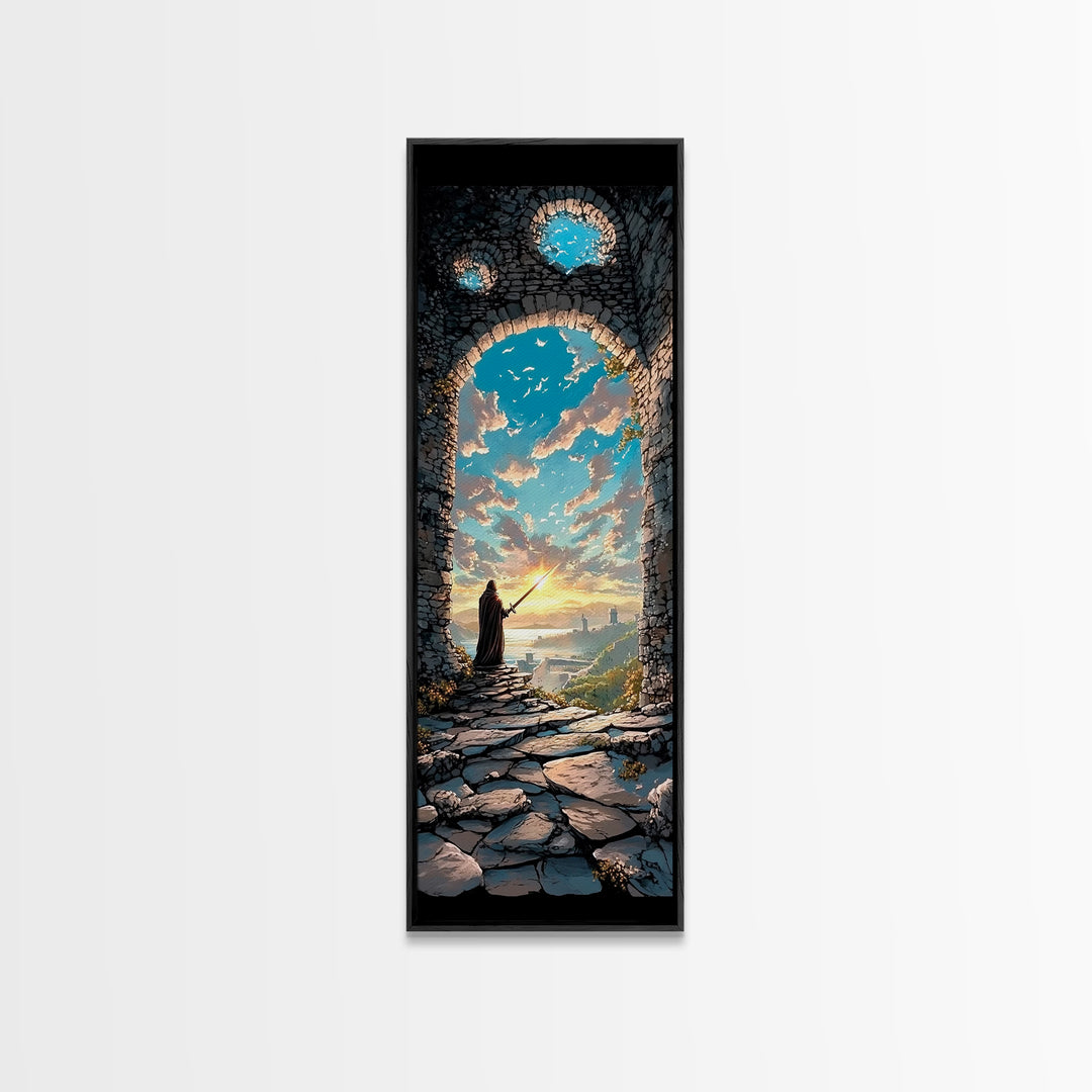 Cloaked Wizard In Ruined Archway At Sunset, Fantasy Wall Art, Medieval Landscape Print, Whimsical Office Decor Gift, Living Room Decor