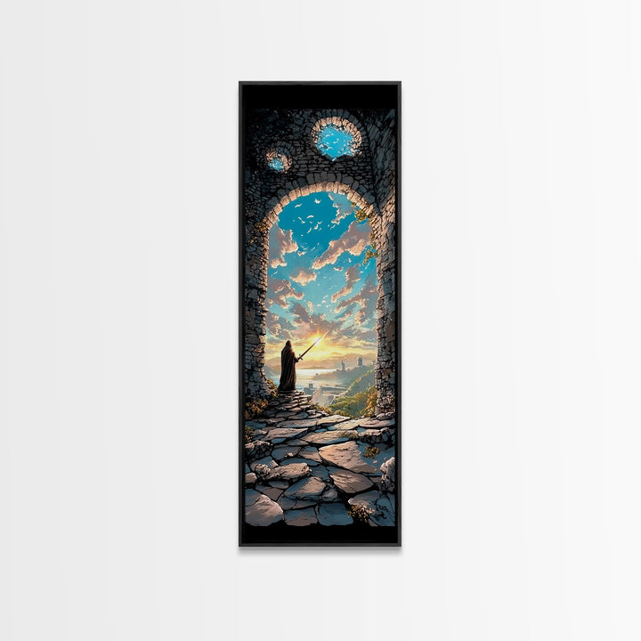 Cloaked Wizard In Ruined Archway At Sunset, Fantasy Wall Art, Medieval Landscape Print, Whimsical Office Decor Gift, Living Room Decor