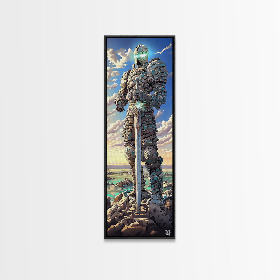 Stone Knight Guardian Holding Sword Above Ocean, Fantasy Canvas Print, Coastal Wall Art, Medieval Landscape Decor, Gift For Him