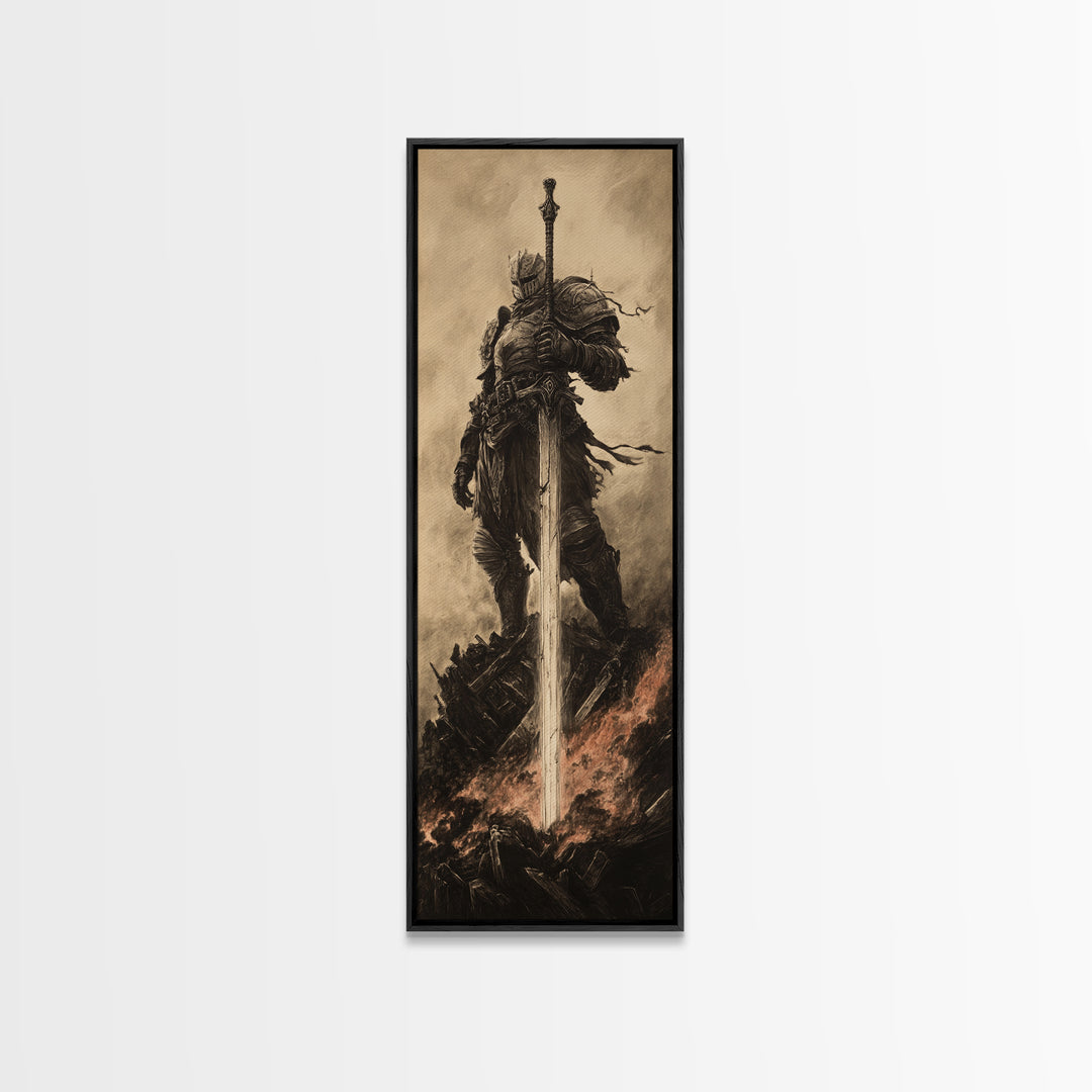 Sepia Knight Standing With Greatsword In Fire, Dark Fantasy Canvas Print, Medieval Wall Art, Gothic Office Decor Gift For Him
