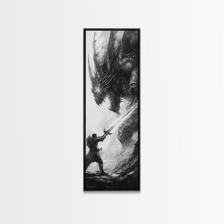 Warrior Facing Massive Dragon In Black And White, Dark Fantasy Wall Art, Gothic Canvas Print, Epic Monster Decor Gift For Him