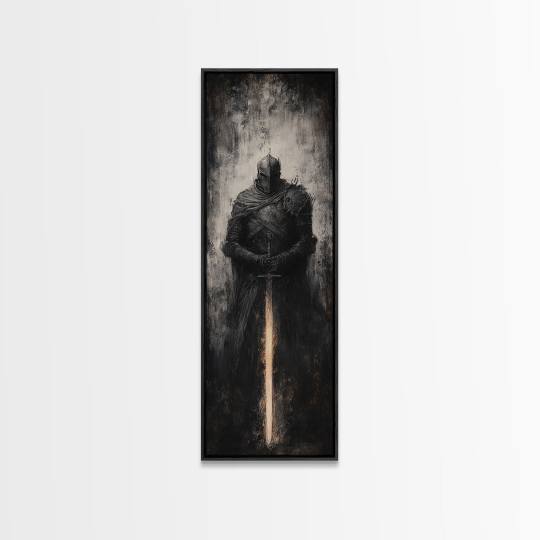 Dark Armored Knight With Glowing Sword Wall Art, Gothic Fantasy Canvas Print, Medieval Warrior Decor For Man Cave Office Decor