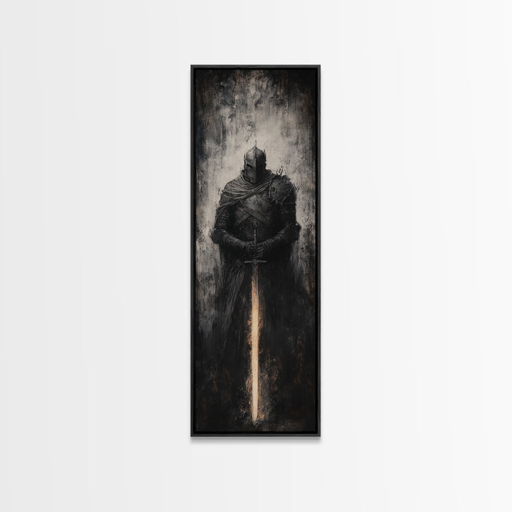 Dark Armored Knight With Glowing Sword Wall Art, Gothic Fantasy Canvas Print, Medieval Warrior Decor For Man Cave Office Decor