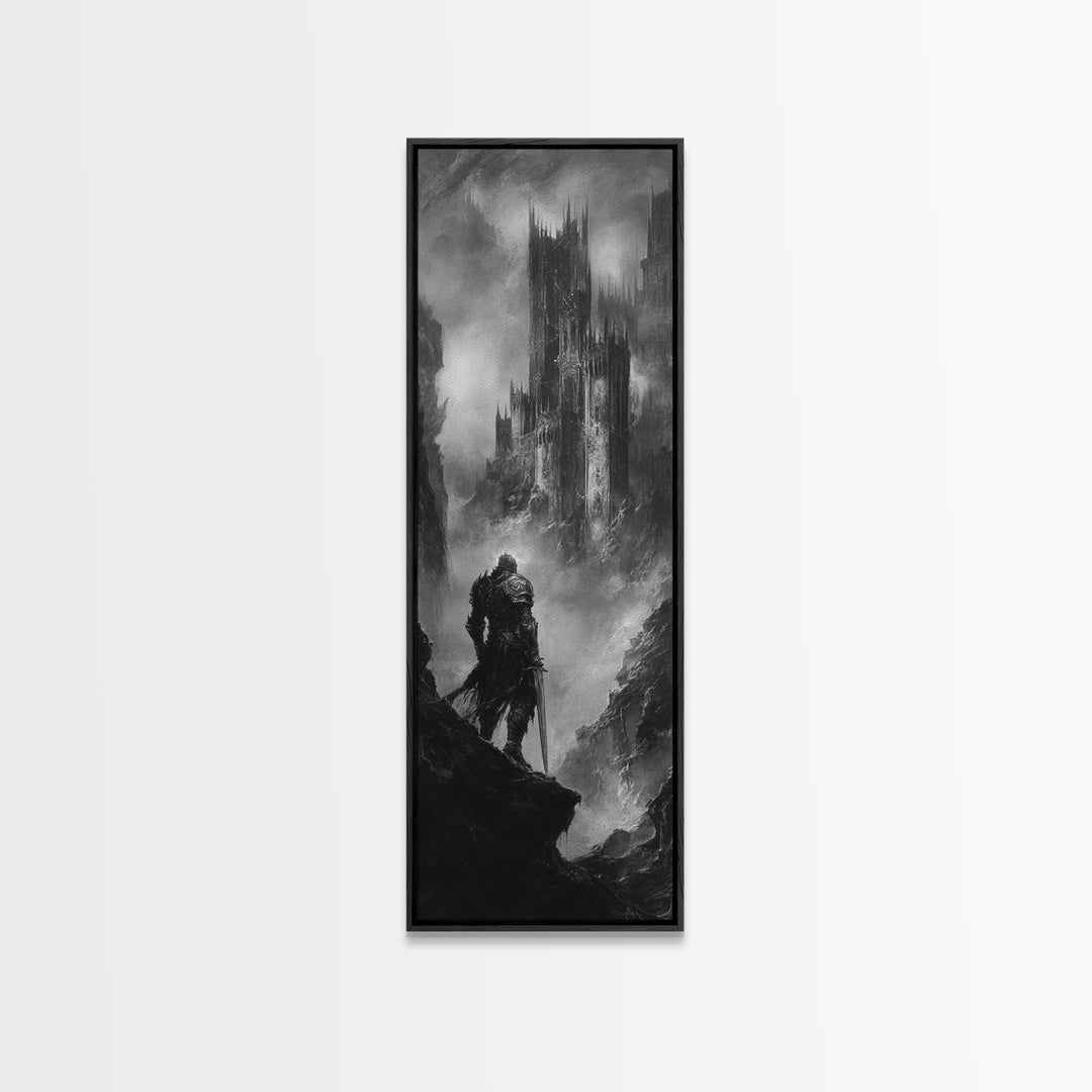 Lone Warrior Before Dark Gothic Castle Wall Art, Black And White Fantasy Landscape Print, Medieval Dungeon Decor For Office