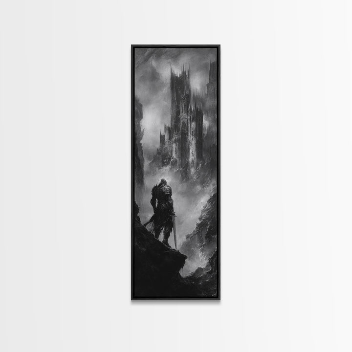 Lone Warrior Before Dark Gothic Castle Wall Art, Black And White Fantasy Landscape Print, Medieval Dungeon Decor For Office